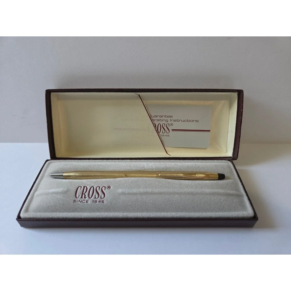 Vintage Cross Gold Tone Ballpoint Pen 2202 Pinstripe with Burgundy Box